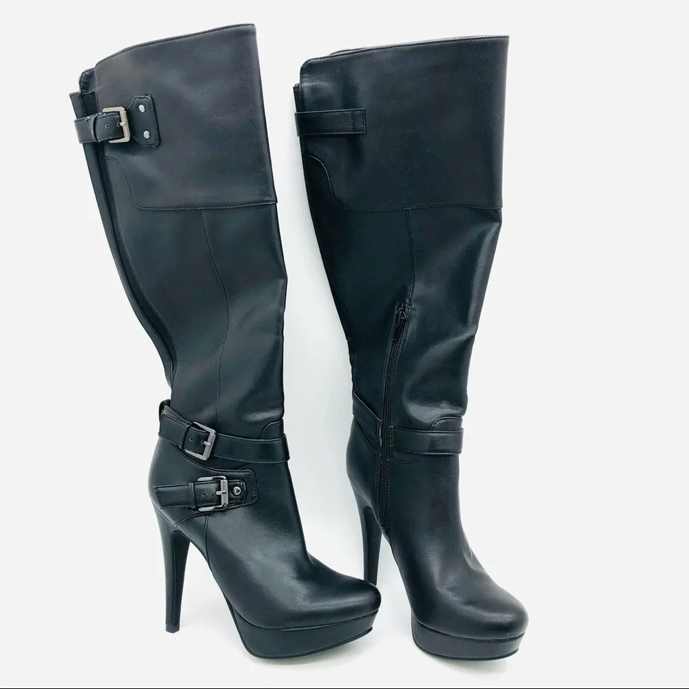 G by Guess Black High Heeled Leather Boots Knee High Buckle 6.5 M barely used - Picture 4 of 9